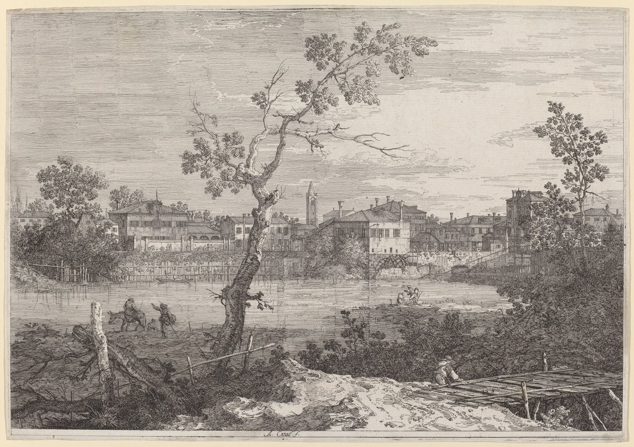 Udsigt over en by på en flodbred af Canaletto