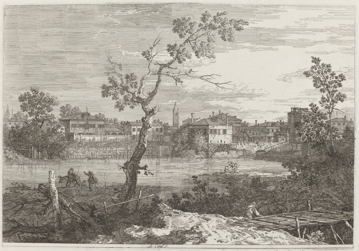 Udsigt over en by på en flodbred af Canaletto