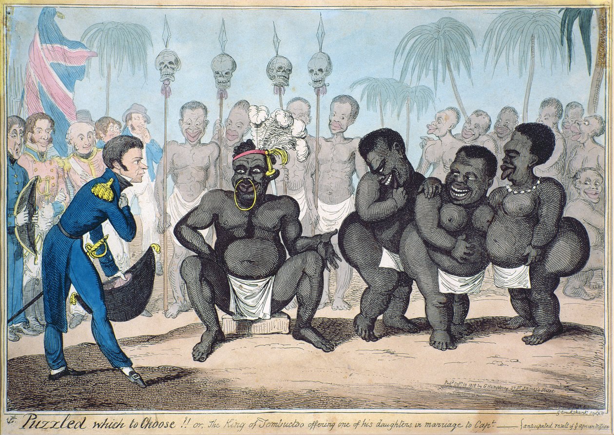 "Jeg er i tvivl om, hvad jeg skal vælge!! Eller kongen af Tombuctoo, der tilbyder en af sine døtre til kaptajn ___. Forventet resultat af en afrikansk mission", udgivet i 1821 af G. Humphrey, 1818 (stik med af Capt. E. Judel