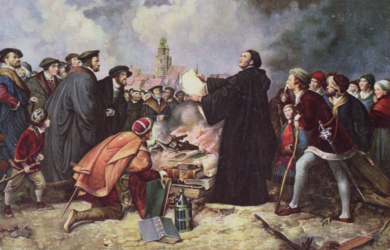 Martin Luther (1483-1546) Afbrænding af den pavelige tyr af Carl Friedrich Lessing