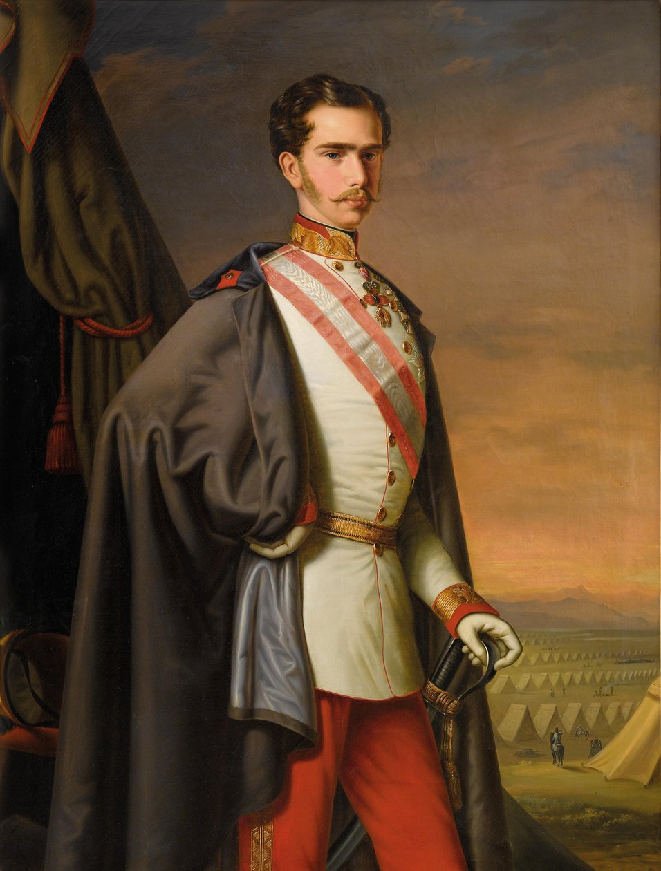 Kejser Franz Joseph af Østrig i uniform som feltmarskal, i baggrunden en feltlejr af Carl Lemmermayer