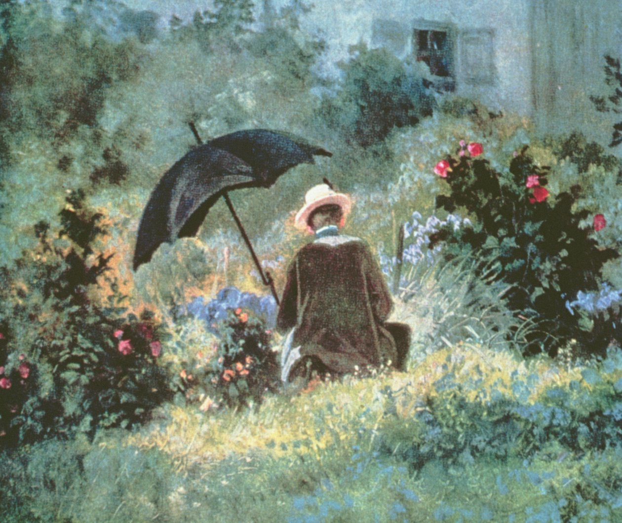 Detalje af en gentleman, der læser i en have af Carl Spitzweg