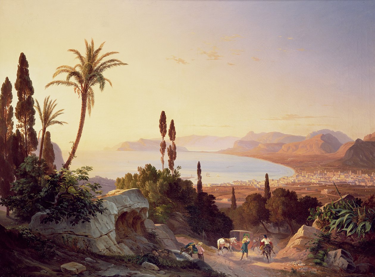 Palermo-bugten, ser mod Kap Zafferano, ca. 1845 af Carl Wilhelm Goetzloff
