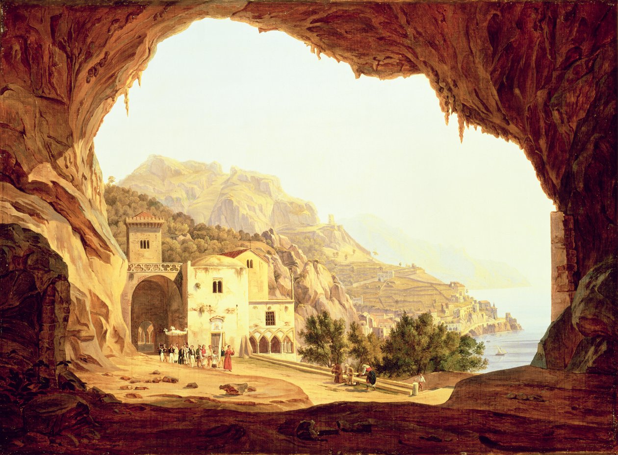 Udsigt fra en grotte over Amalfikysten, ca. 1842 af Carl Wilhelm Goetzloff
