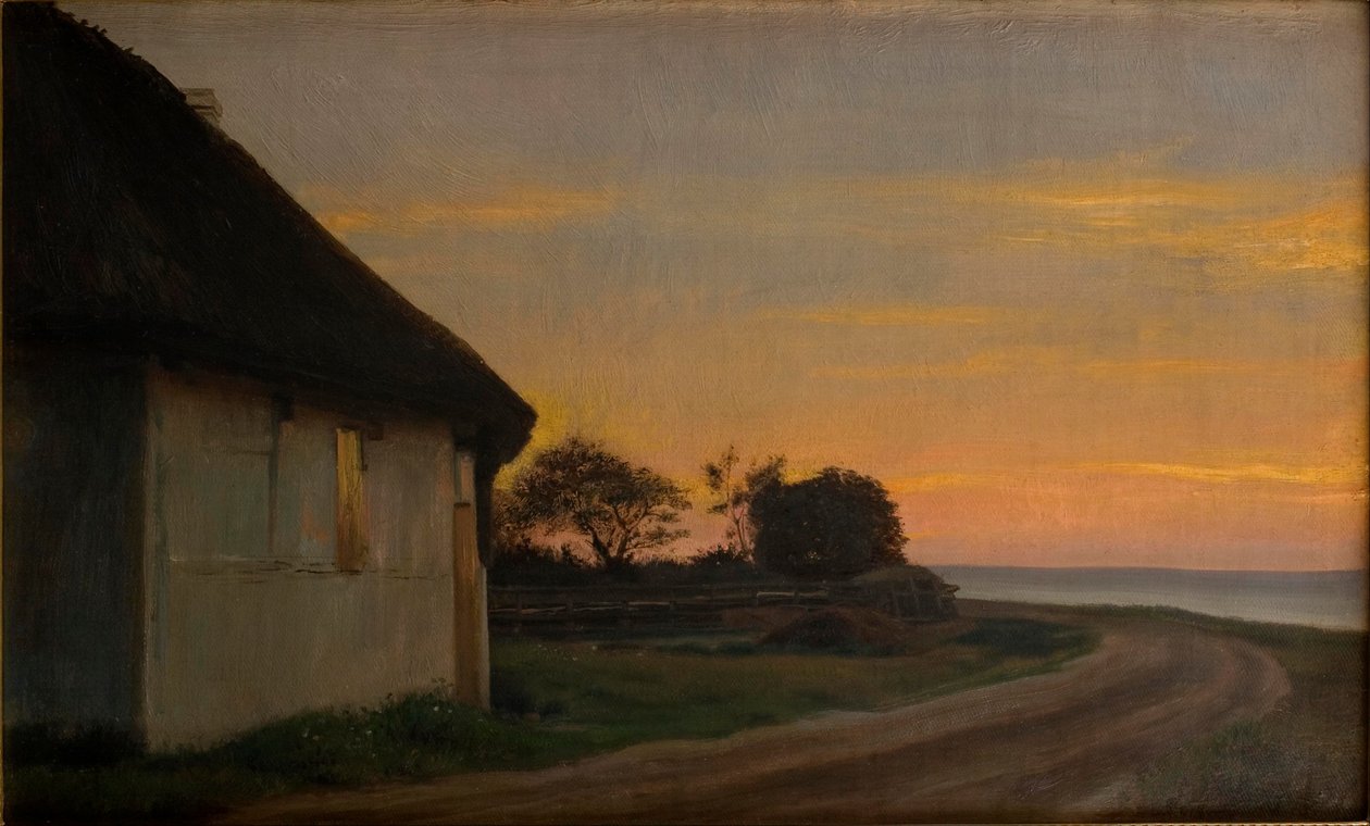 Aftenlandskab med hus og have ved havet. Ellekilde af Carl Heinrich Bloch