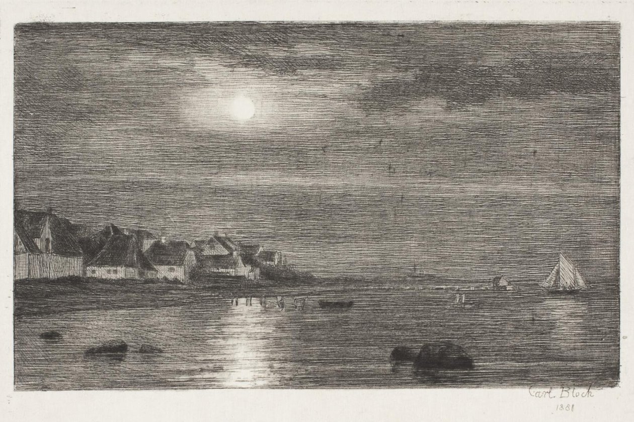 Strandparti ved Hellebæk. Måneskin af Carl Bloch