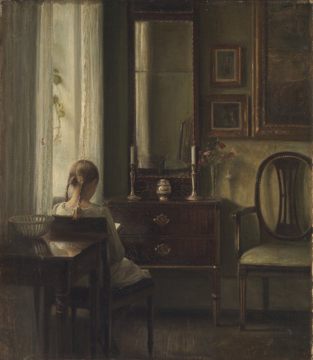 Interiør med en pige, der læser af Carl Holsoe
