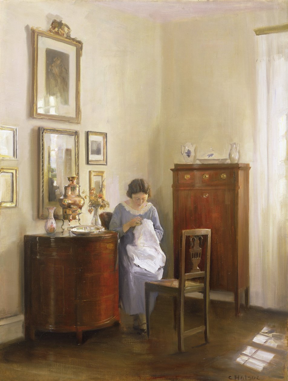 Interiør med Lady Sewing, c.1910 af Carl Holsoe