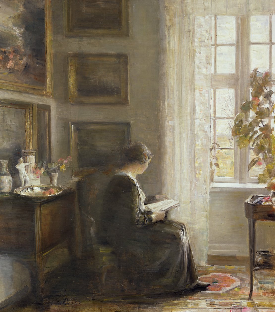 Læsning ved et solrigt vindue af Carl Holsoe