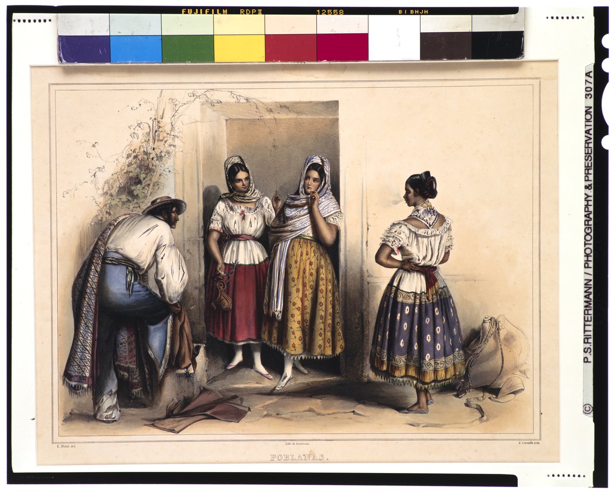 Kvinder i Puebla, efter 1836 (farve litho) af Carl Nebel