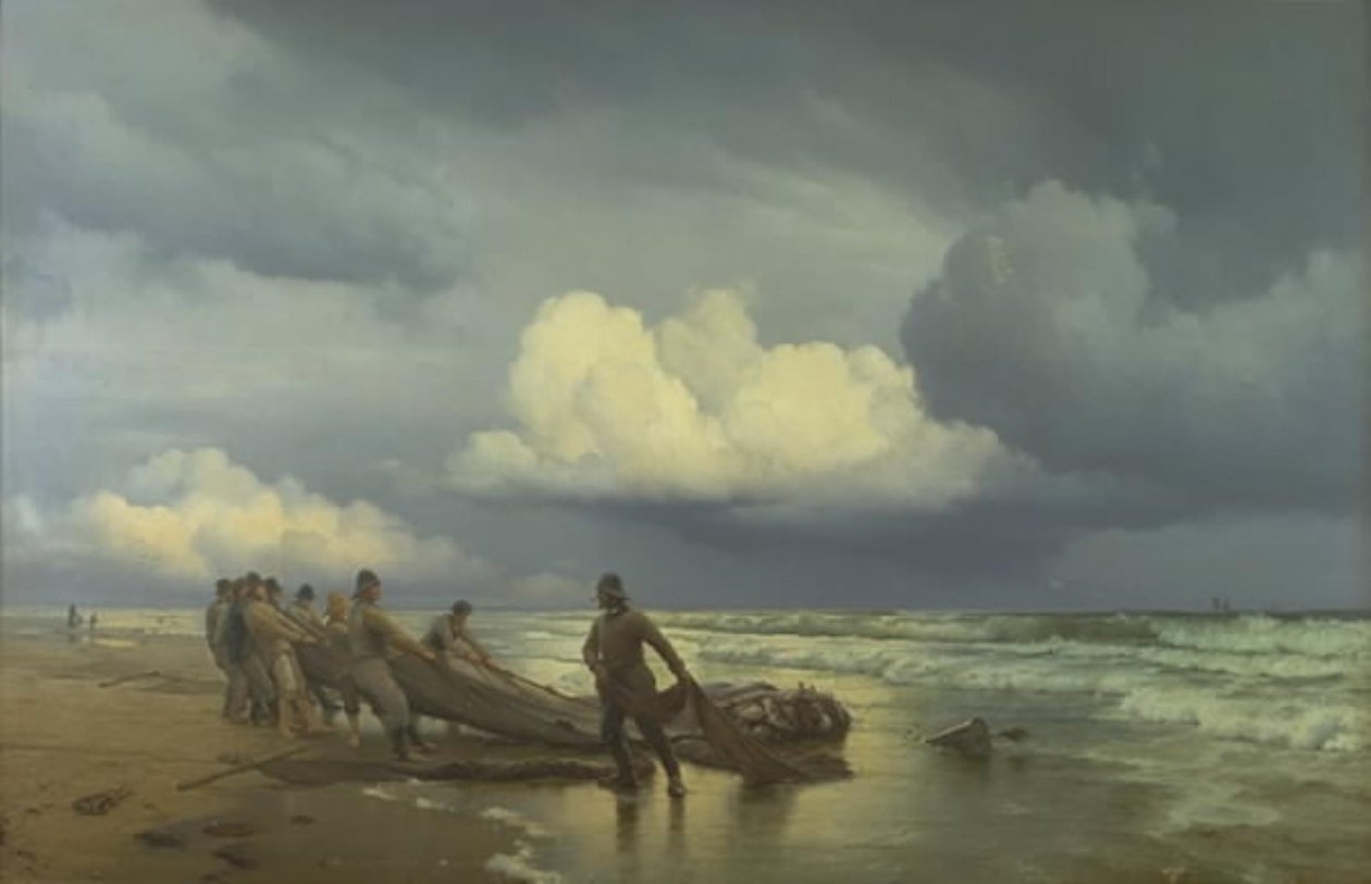Fiskere trækker våd på Skagen Nordstrand af Carl Neumann