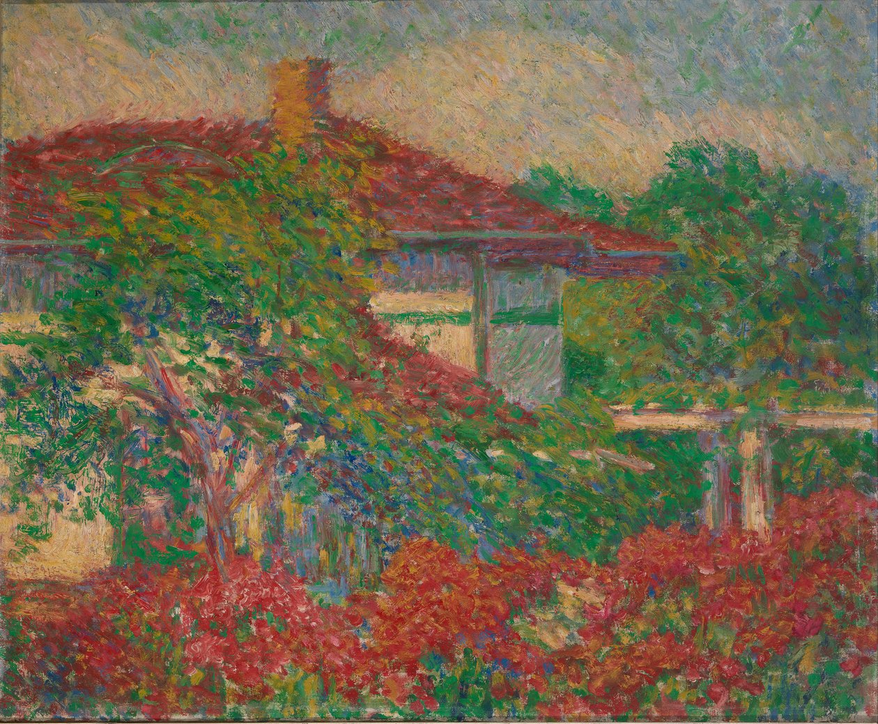 Landskab med rød tagbygning, ca. 1880-1910. af Carl Newman