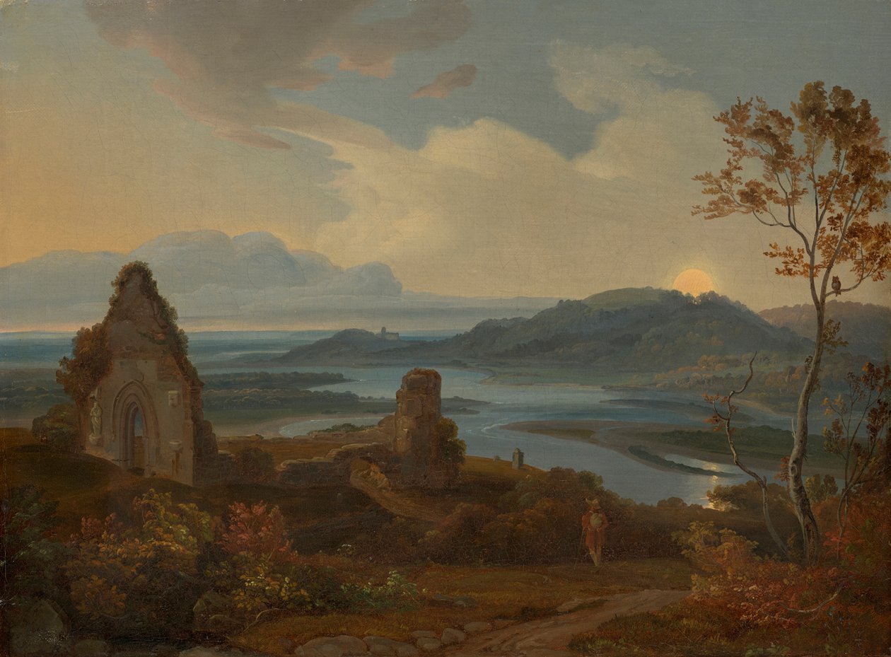 Flodlandskab med kirkeruiner af Carl Rottmann