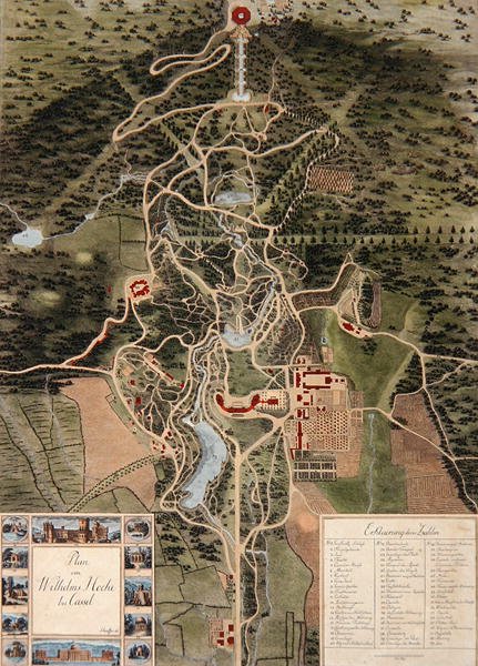 Plan af Wilhelmshohe nær Kassel (farvet radering) af Carl Schaeffer