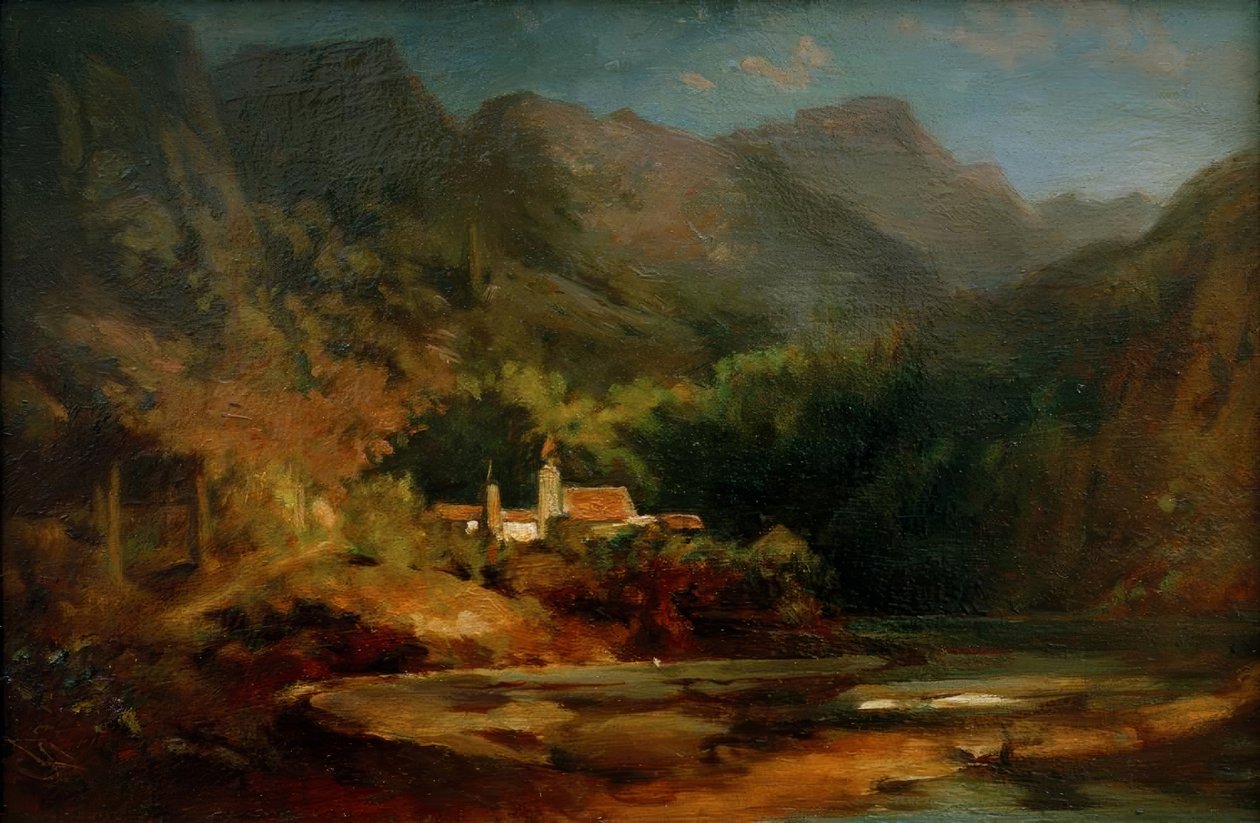 Landsby ved en sø i bjergdalen af Carl Spitzweg