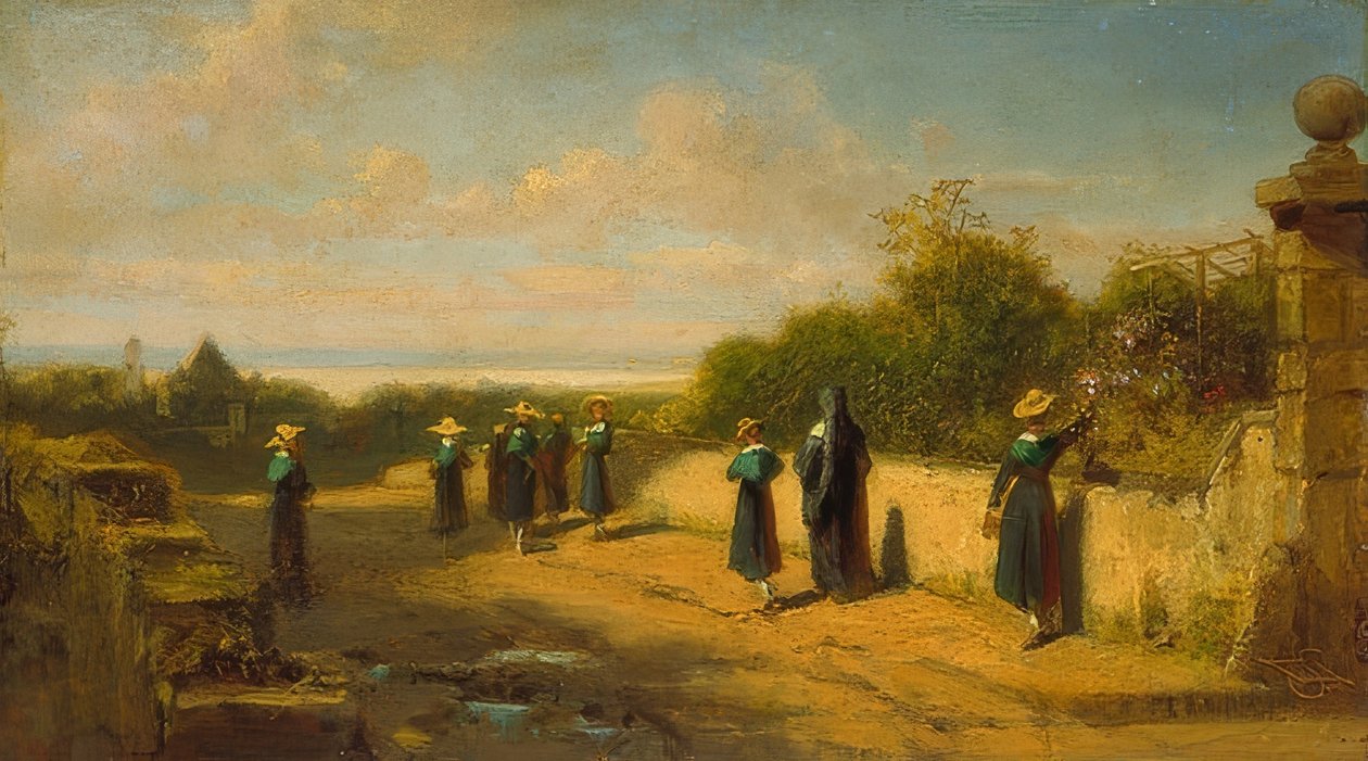 Pigekostskole på gåtur. Omkring 1870 af Carl Spitzweg