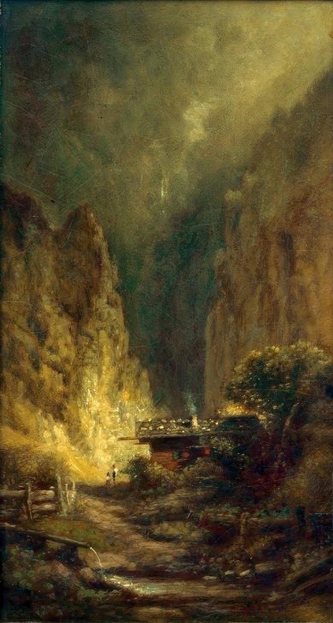 Mølle foran en stenet kløft med to figurer af Carl Spitzweg