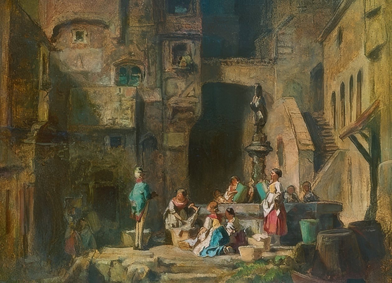 Vaskekoner ved brønden. Omkring 1882 af Carl Spitzweg