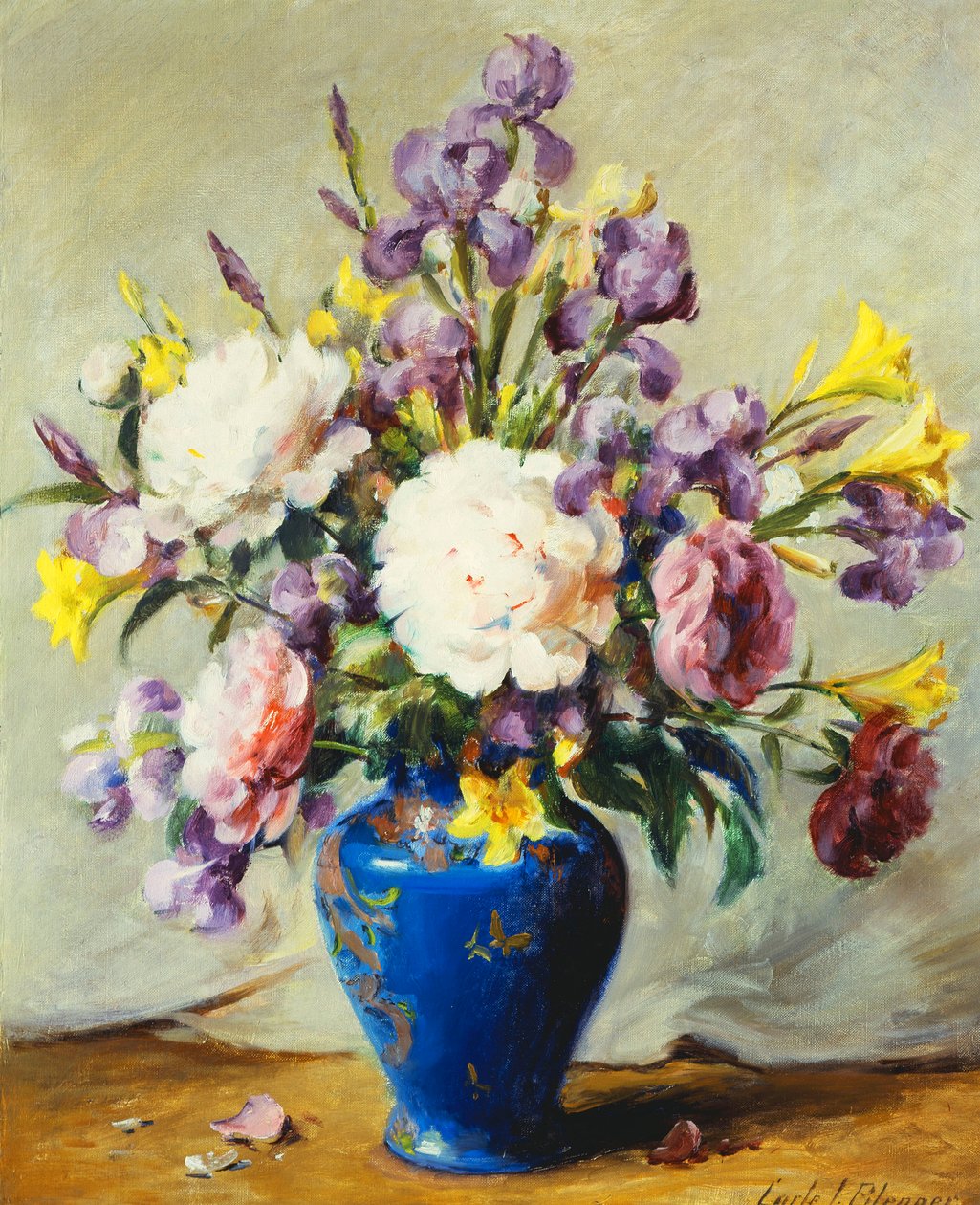 Stilleben med pæoner og iris af Carle J. Blenner