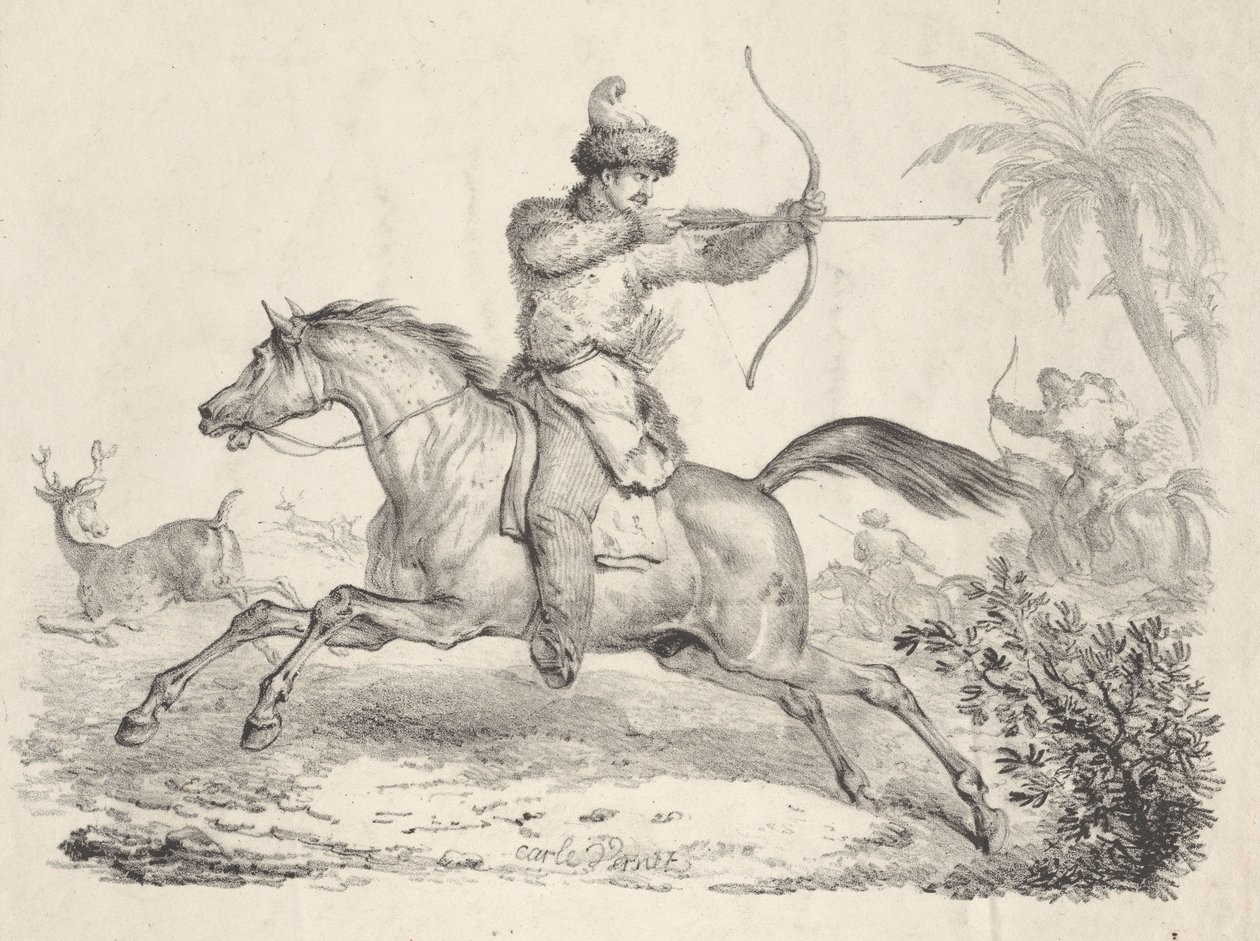 Kosakker til hest på jagt på hjorte, 1821-36. af Carle Vernet