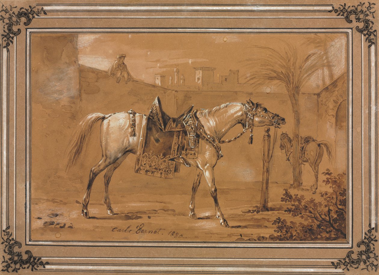 Sadlet arabisk hest i gårdspladsen, 1820. af Carle Vernet
