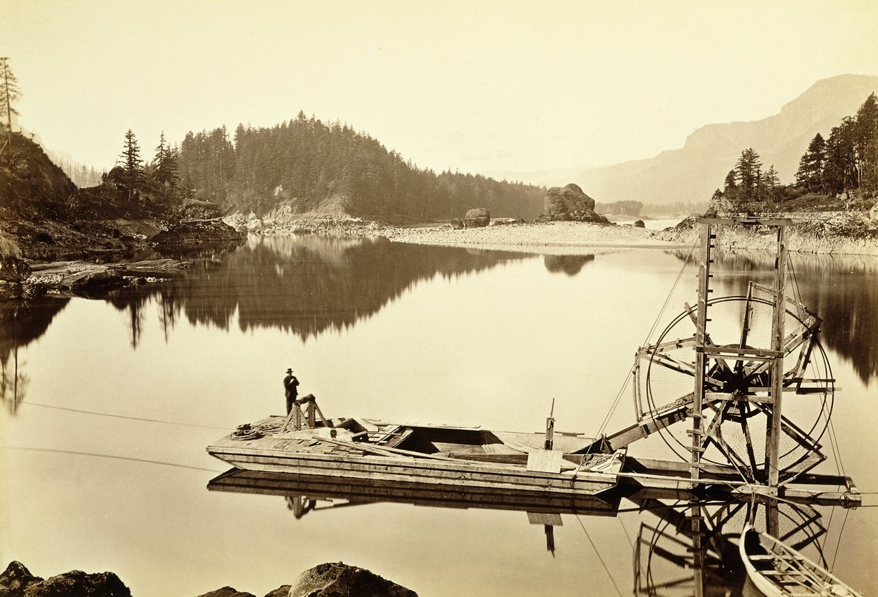 Flydende laksehjul, Cascades, 1867 af Carleton E. Watkins