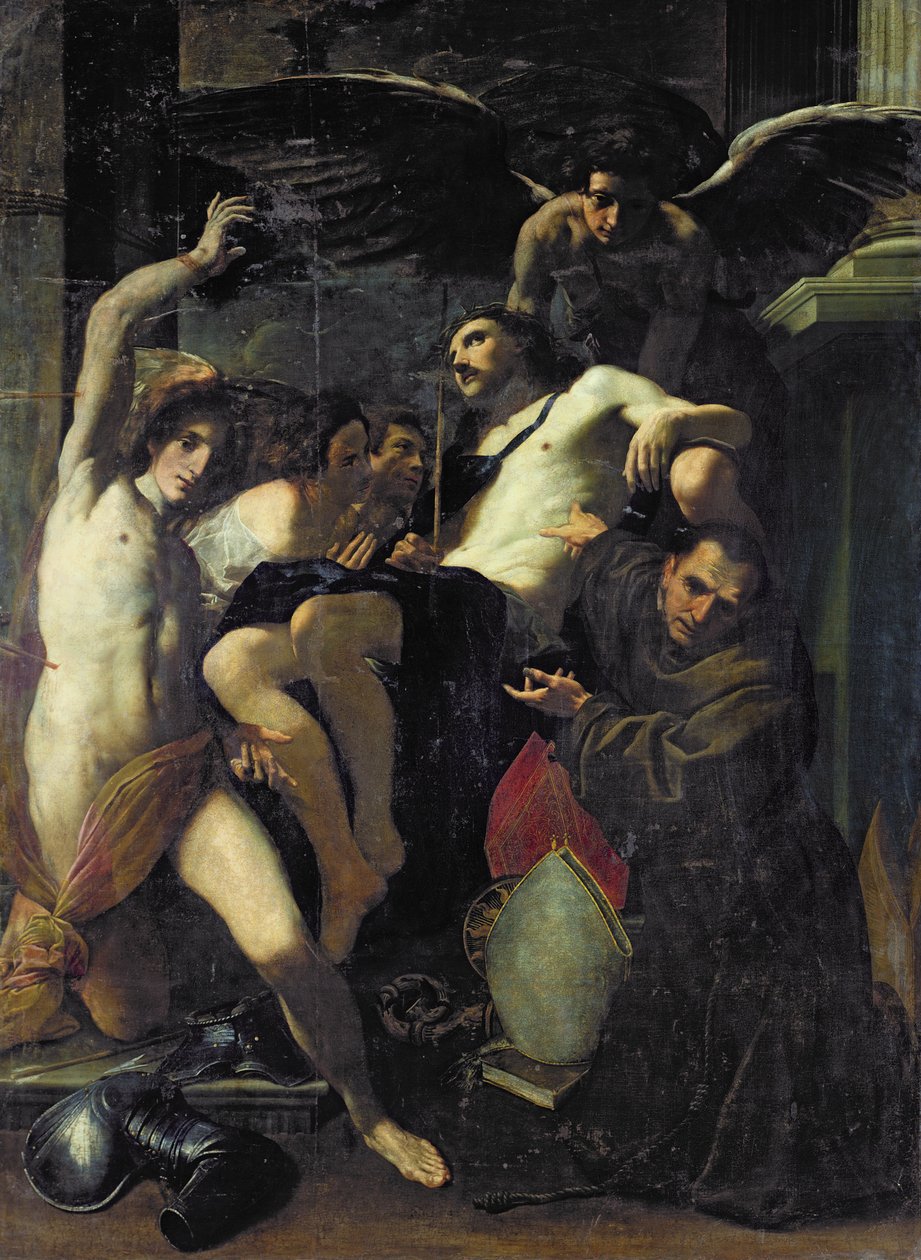 Kristus tilbedt af engle, St. Sebastian og St. Bonaventure af Carlo Bononi