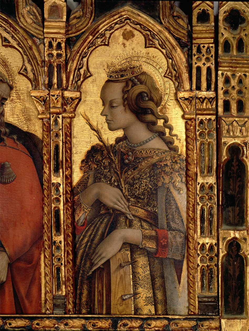 St. Catherine of Alexandria, detalje fra San Martino polyptykonen (tempera på panel) (se 76669) af Carlo Crivelli