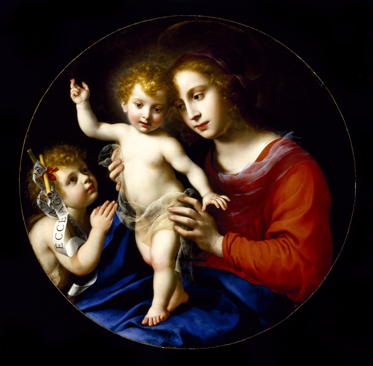 Jomfru og barn med spædbarnet Johannes Døberen af Carlo Dolci