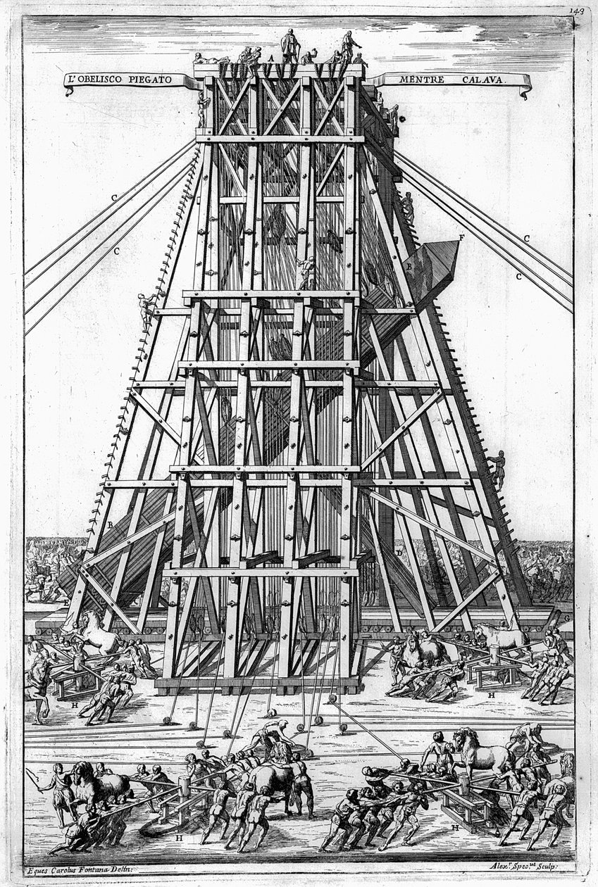 Opførelse af den gamle egyptiske obelisk på Peterspladsen, Rom, indgraveret af Alessandro Specchi af Carlo Fontana
