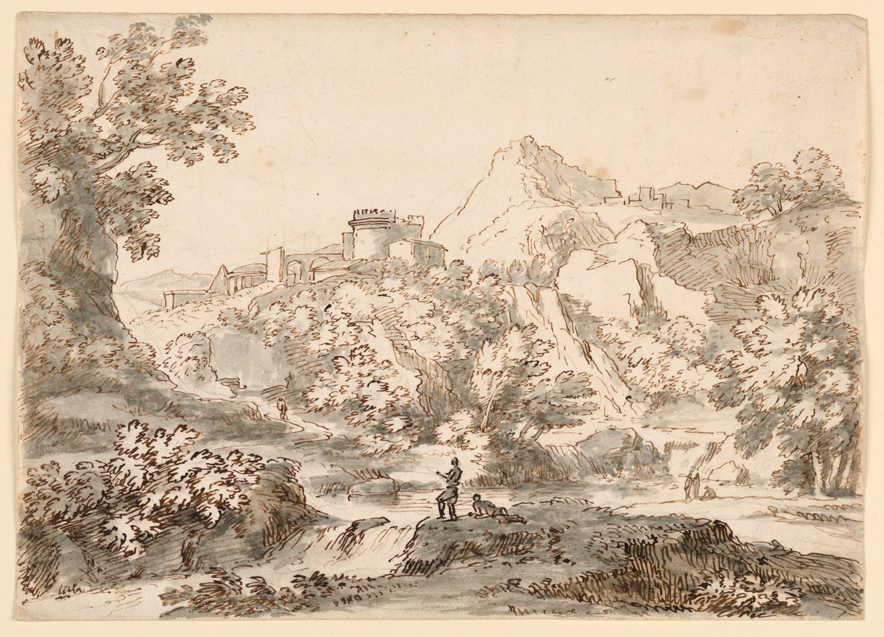 Tegning, Et landskab med by, 1750-1770 af Carlo Marchionni