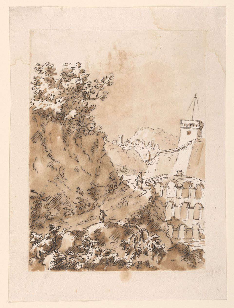 Tegning, Landskab med bjergby, 1760-80 af Carlo Marchionni