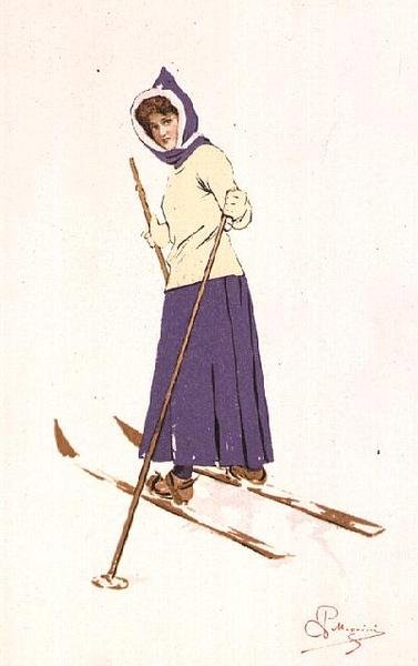 Kvinde tænder på ski (farve litho) af Carlo Pellegrini