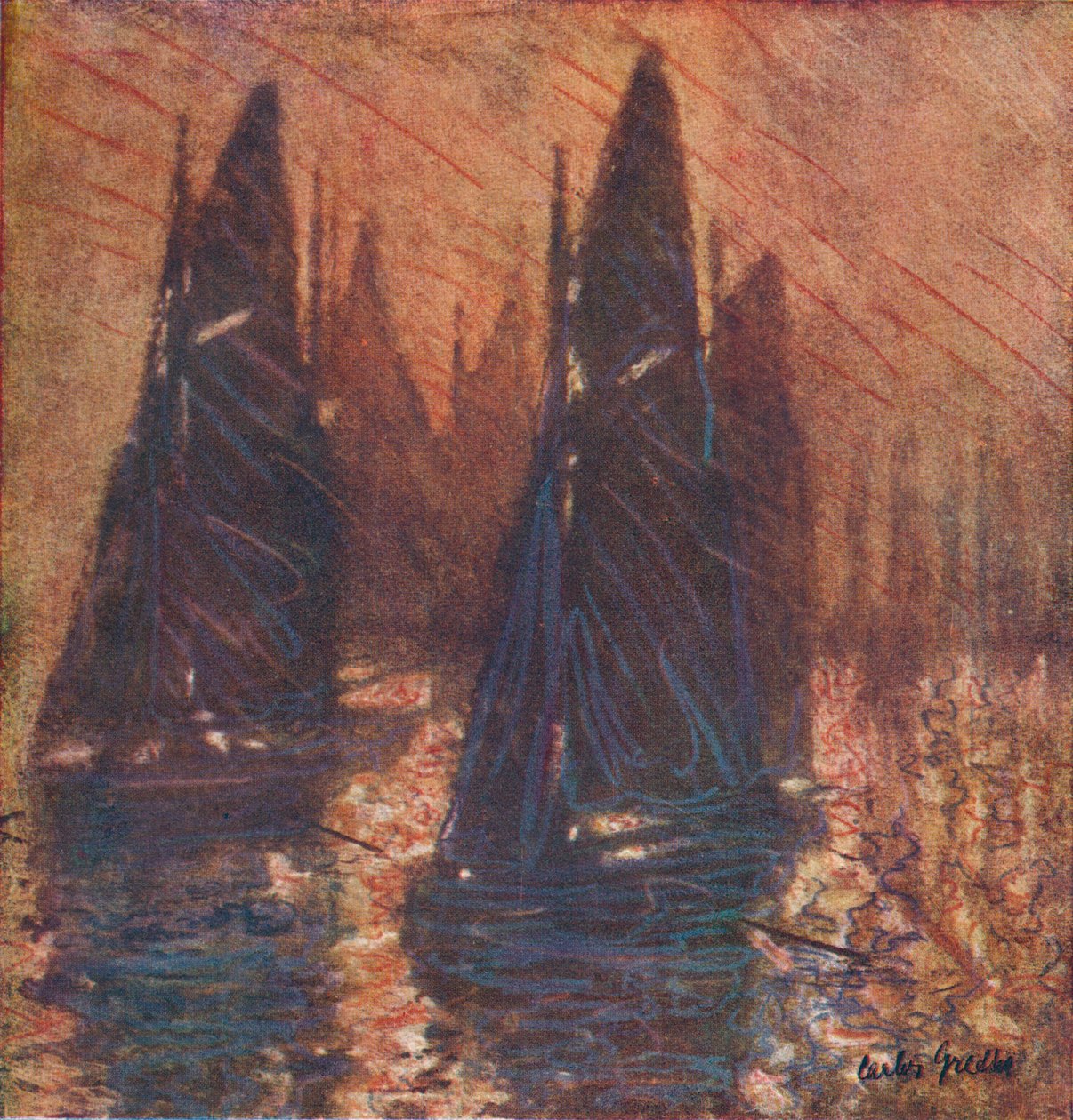 Fiskerbåde i tåge, c1913. af Carlos Grethe