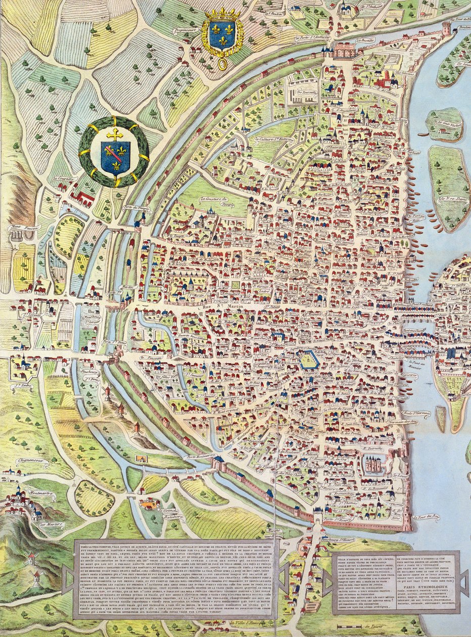Detalje af højre bred, fra kortet over Paris ca. 1540, kendt som Plan de la Tapisserie, lavet som et gobelin ca. 1570, 1818 farvestik af Caroline Naudet