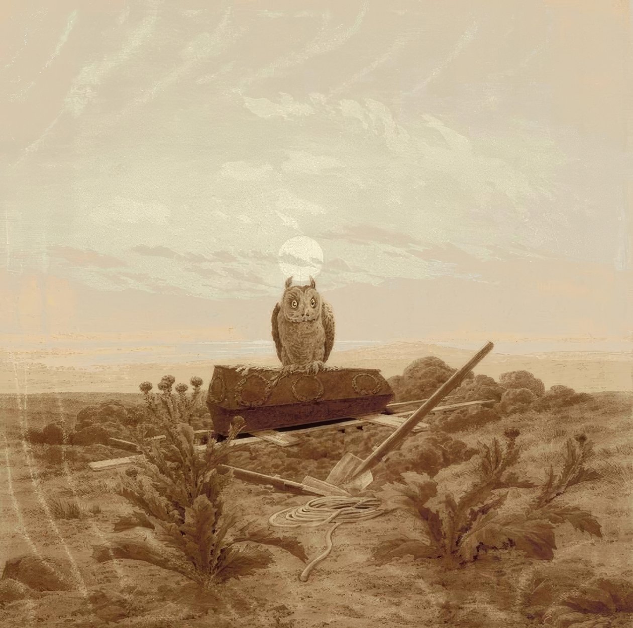 Landskab med en grav, en kiste og en ugle af Caspar David Friedrich