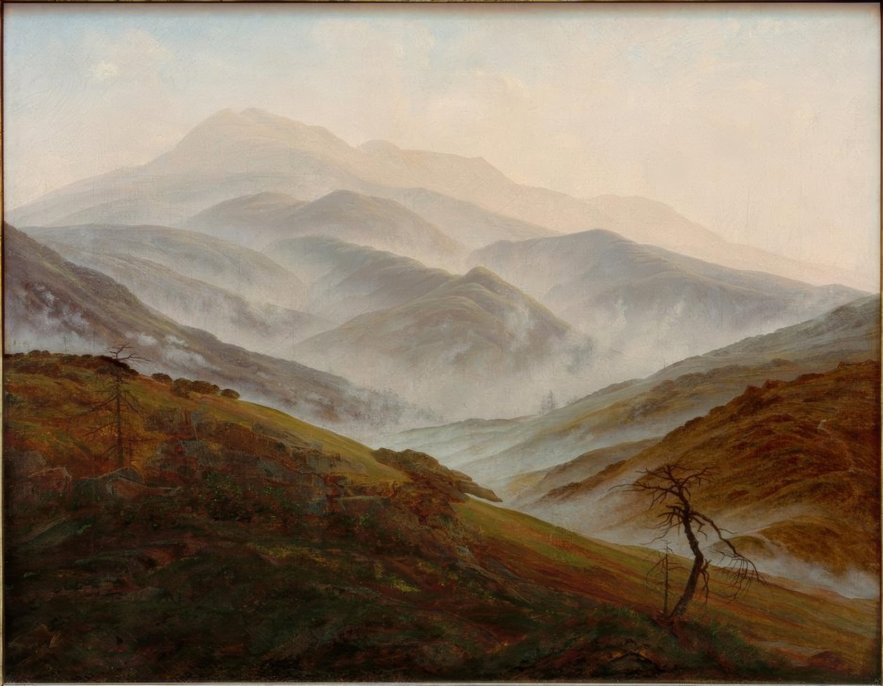 Giant Mountains landskab med stigende tåge af Caspar David Friedrich
