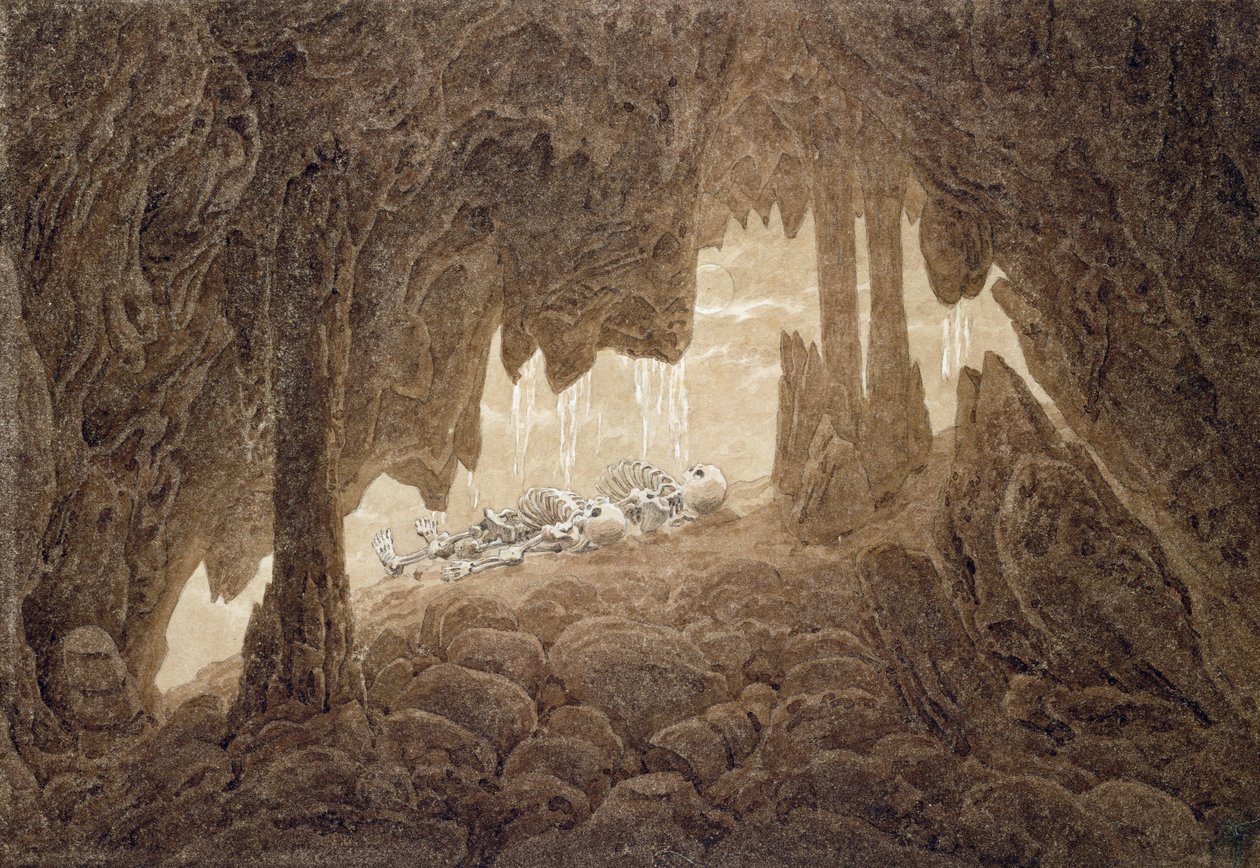 Skeleton in the Cave (sepia blæk og blyant på papir) af Caspar David Friedrich