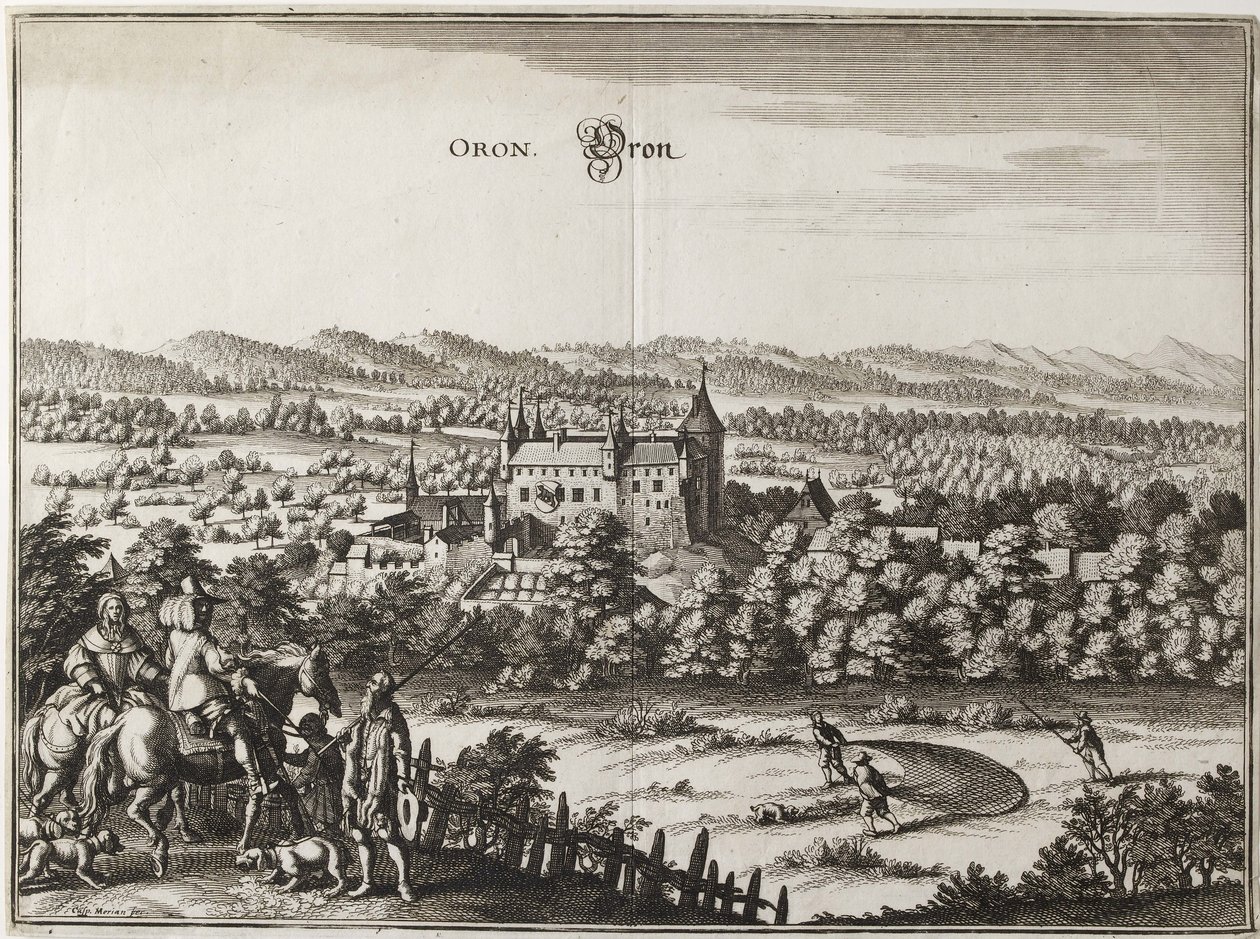 Udsigt over slottet Oron, Schweiz, 1653 af Caspar Merian
