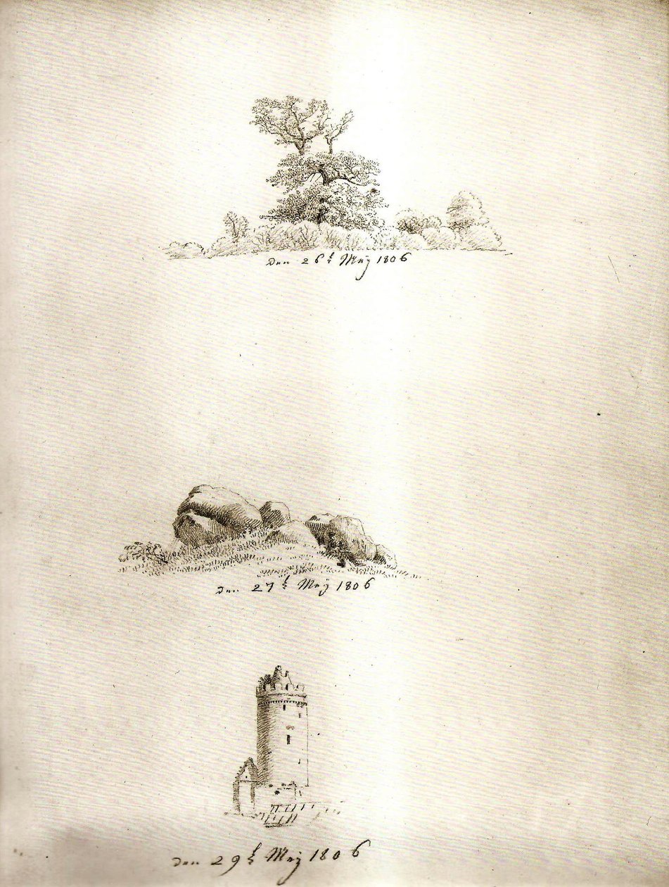 Træ, gravko og tårn af Caspar David Friedrich