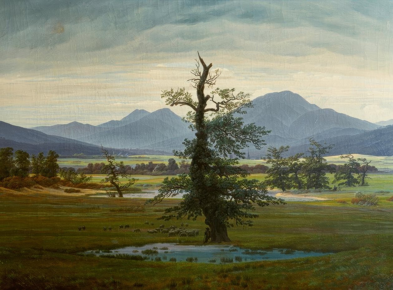 Landsbylandskab med morgenbelysning af Caspar David Friedrich