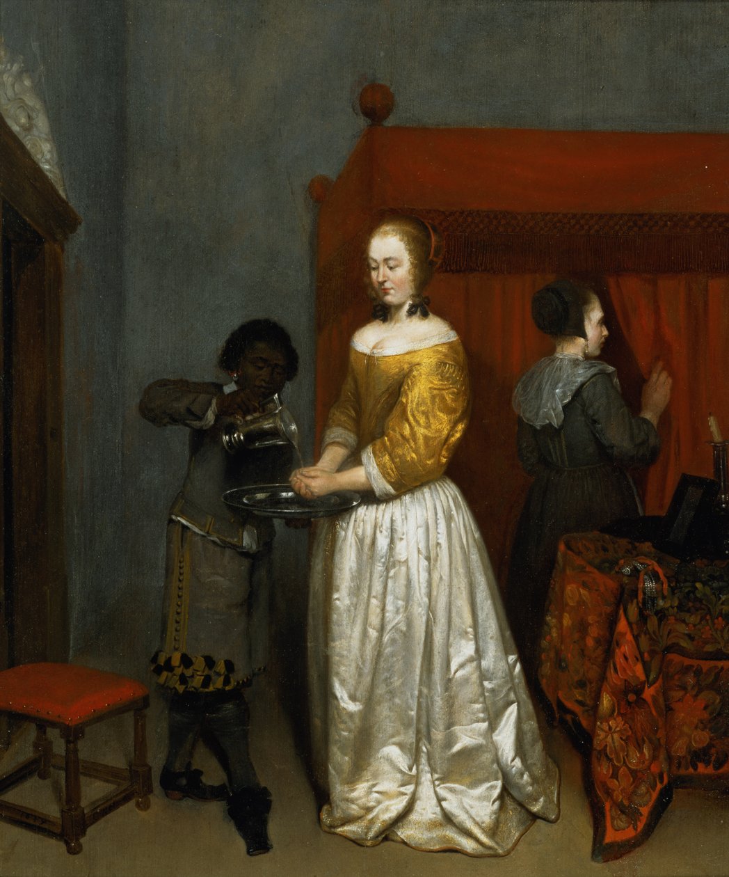 En dame vasker sine hænder, 1657 (panel) af Caspar Netscher