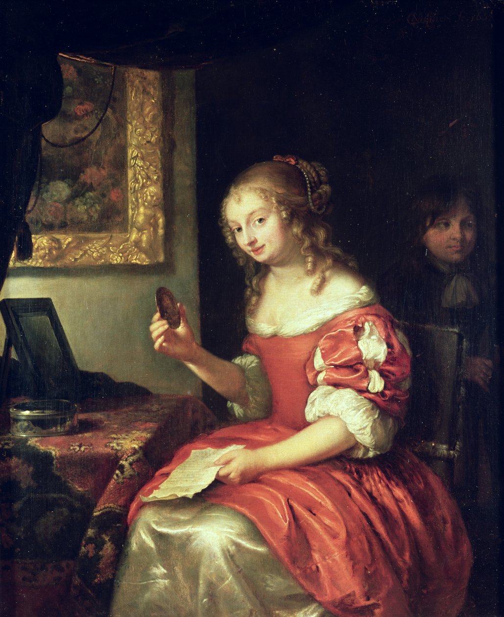 Ung kvinde med brev og medaljon, 1667 af Caspar Netscher