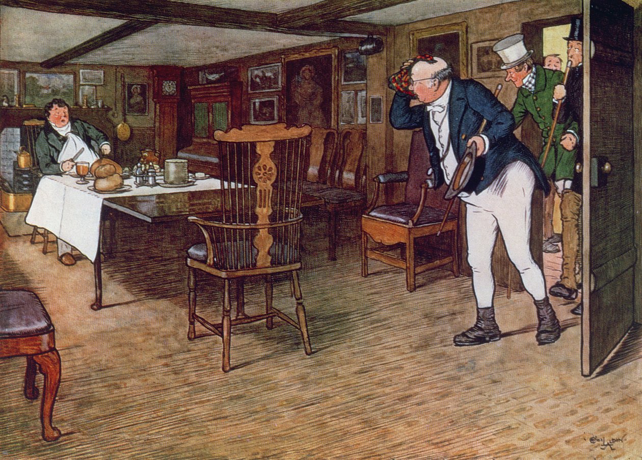Mr. Pickwick finder hr. Tupman spise frokost på læderflasken, Cobham, 1910 (farvegravering) af Cecil Charles Windsor Aldin