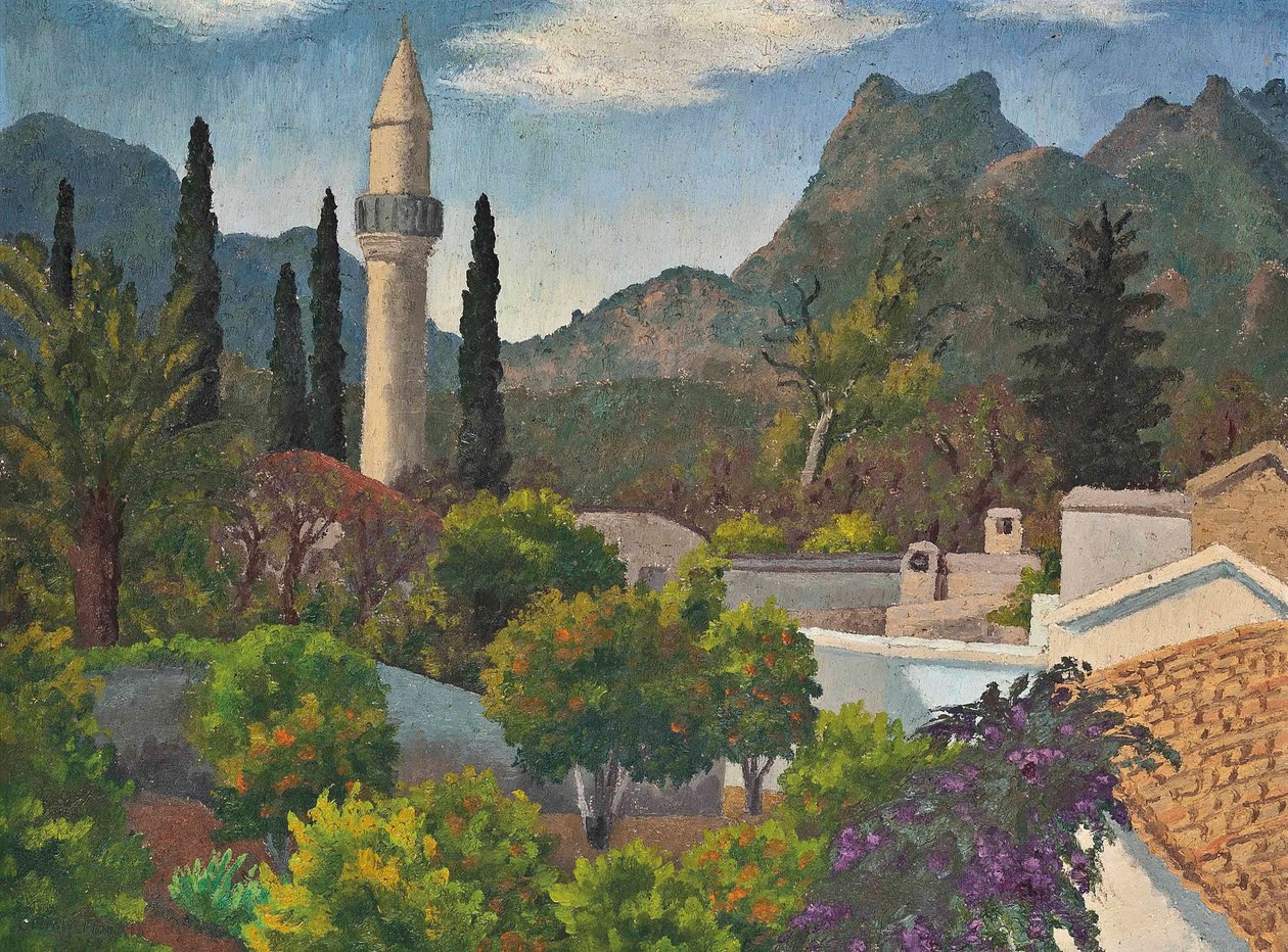 Tyrkisk landsby med moske, Cypern af Cedric Morris