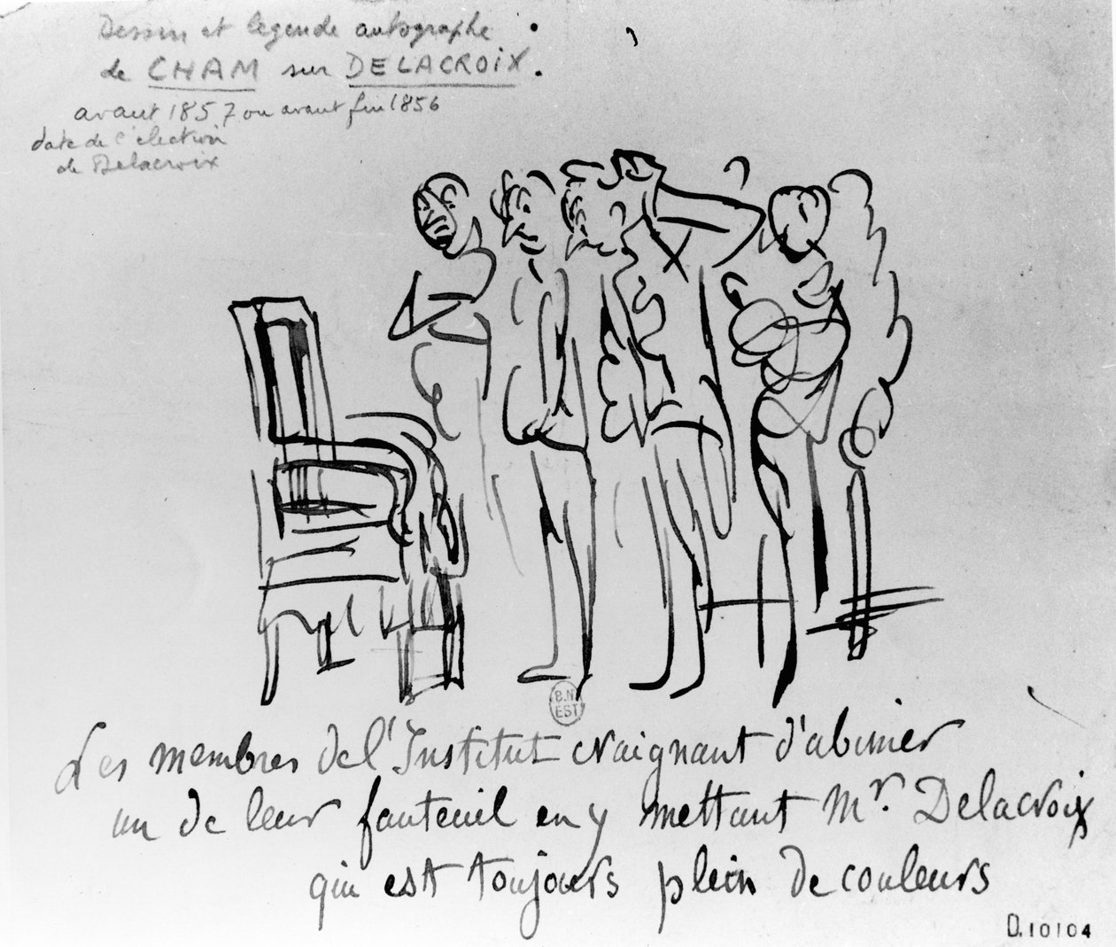 Uvilje hos medlemmerne af Institut de France til at installere Delacroix på en af deres stole af frygt for, at hans kærlighed til farver vil plette sædet, 1856-7 (pen, pensel og blæk på papir) af Cham