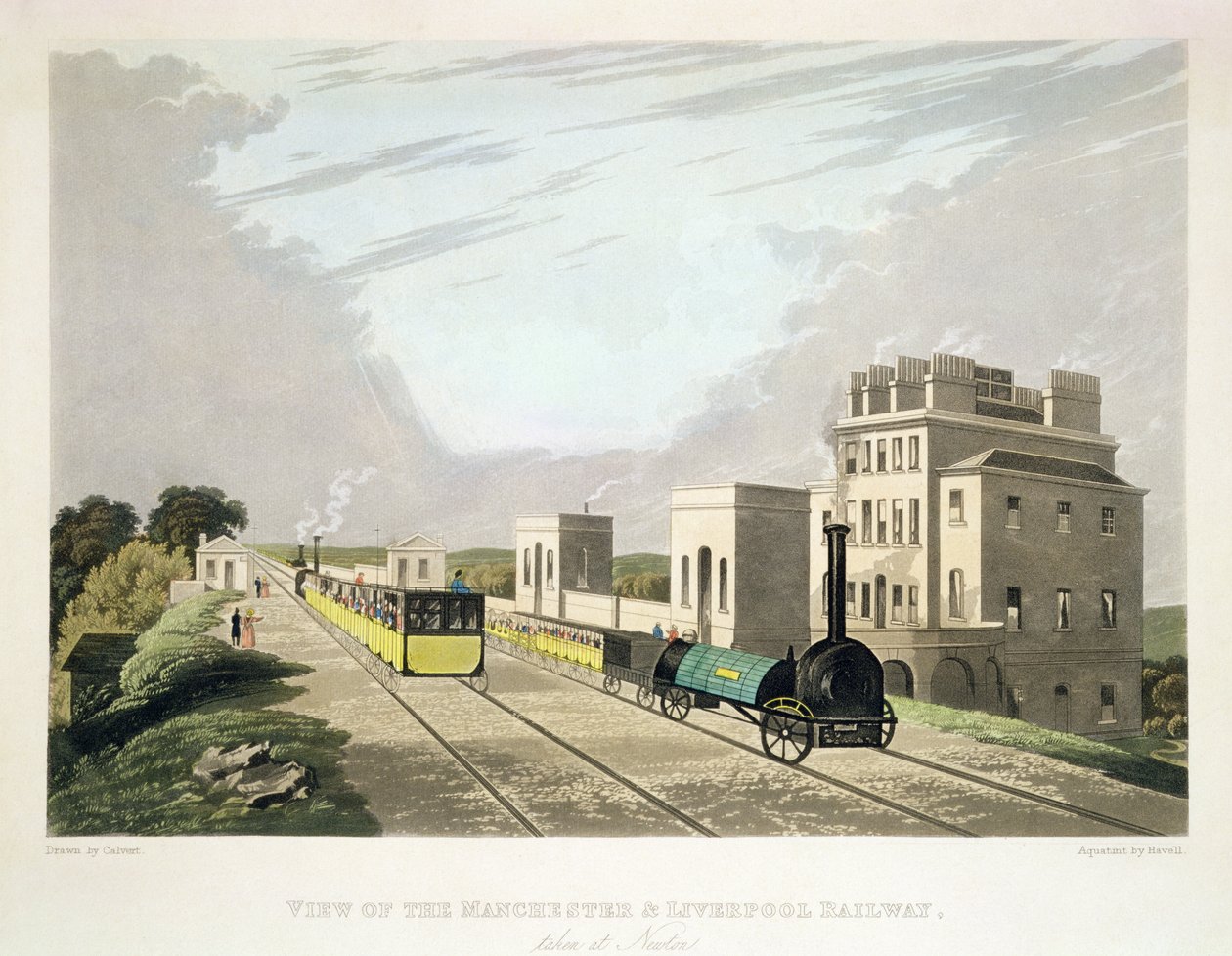 Udsigt over Manchester- og Liverpool-jernbanen, taget i Newton, 1825, graveret af Havell (akvatint) af Charles Calvert