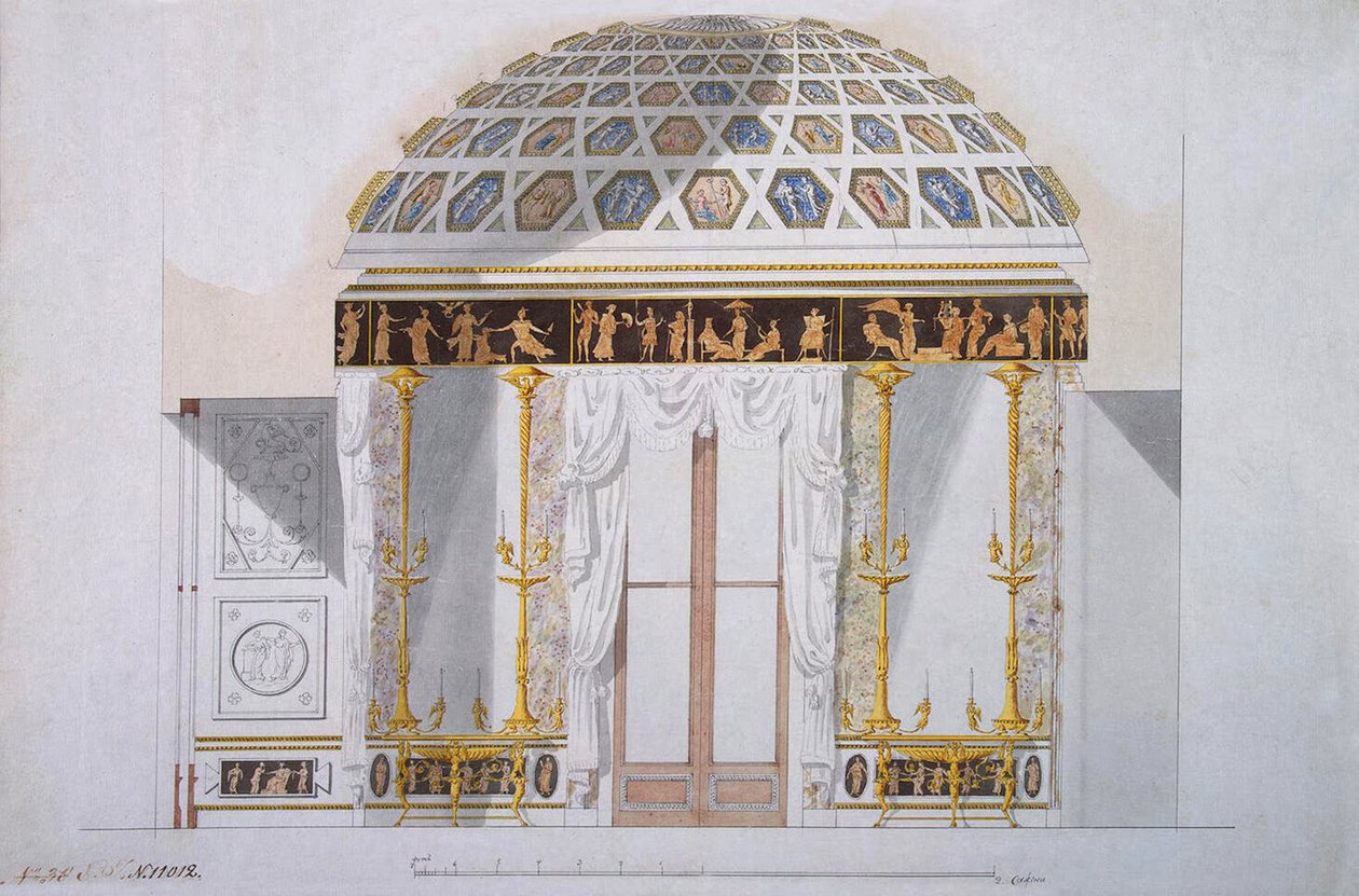 Design til Jasper-kabinettet i Agat-pavillonen i Tsarskoye Selo, ca. 1780 (pen og blæk med wc på papir) af Charles Cameron