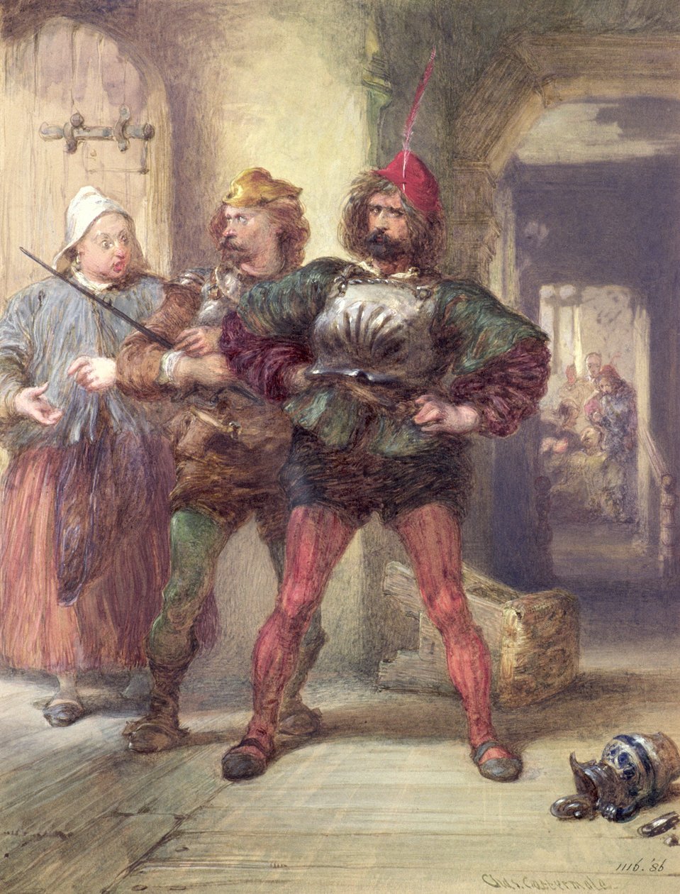 Mistress Quickly, Nym og Bardolph, fra Shakespeares Falstaff-skuespil, (tegning) af Charles Cattermole