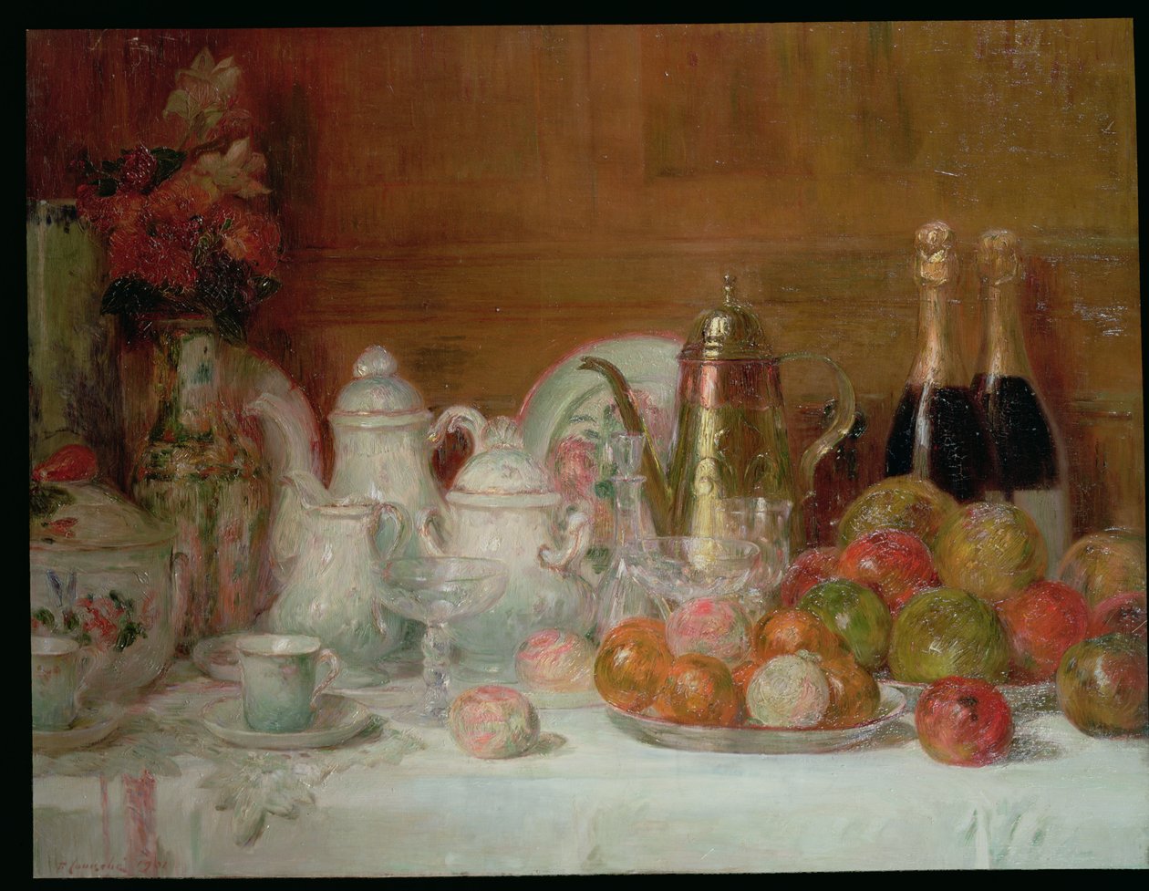 Stilleben med frugt og champagneflasker af Charles Couche